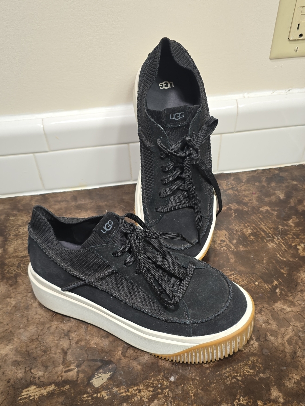 UGG Black Suede & Knit Platform Sneakers with White Sole